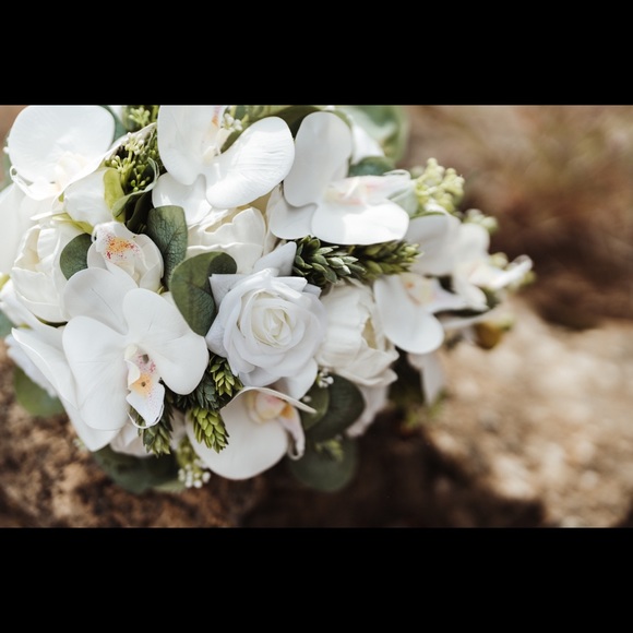 Eucalyptus Cascade Bridal Bouquet - Real Touch Orchids, Roses, Peonies, Hops - Picture 6 of 6